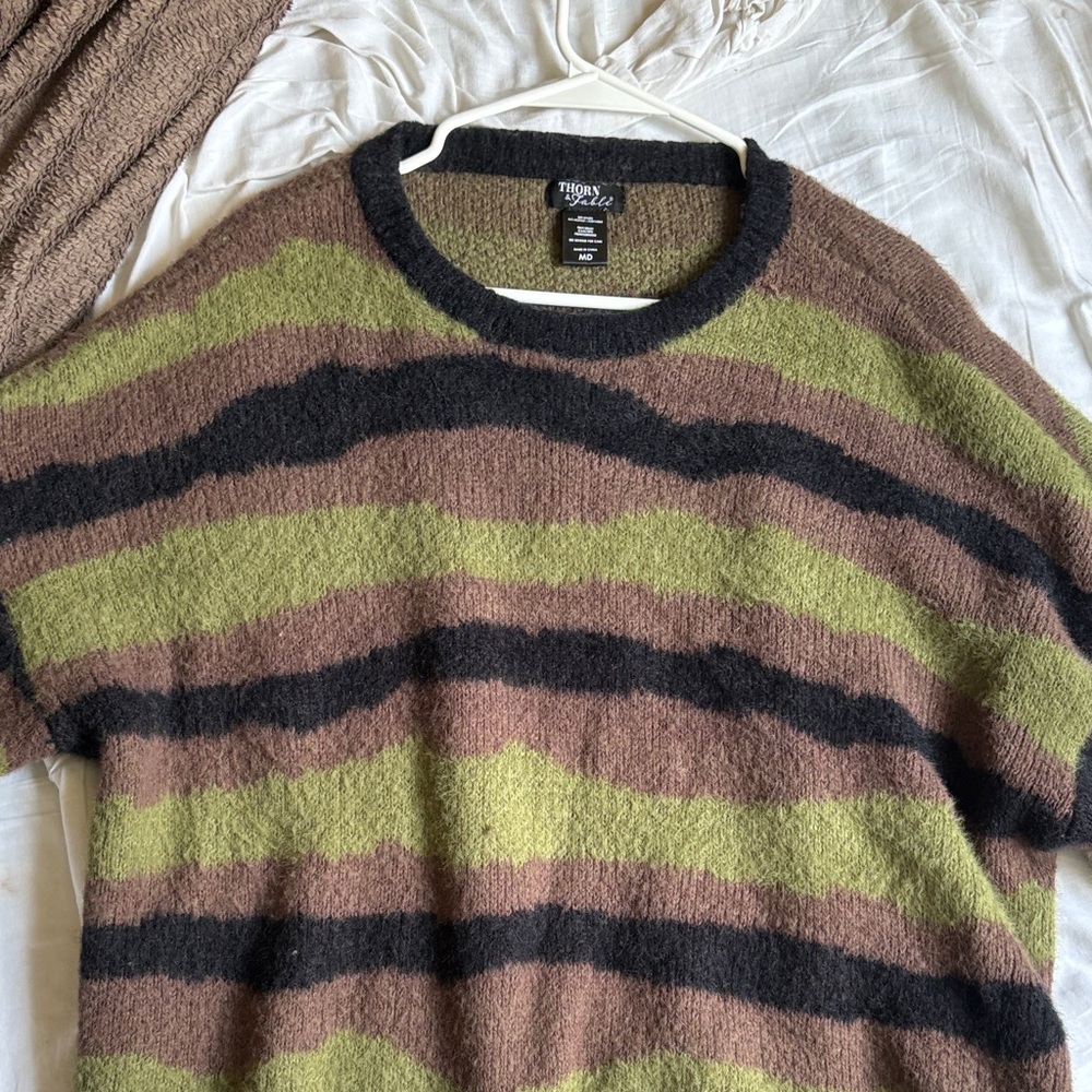Hot Topic Men's Crewneck Sweater - Olive and Brown Stripes